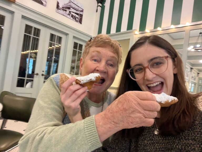 Today's the day!  Ian was ready to propose. But first, he sent Maggie on an elaborate scavenger hunt around the city. At each location, a family member or friend was waiting to accompany Maggie on an exciting activity. of course it started with beignets and Grandma!