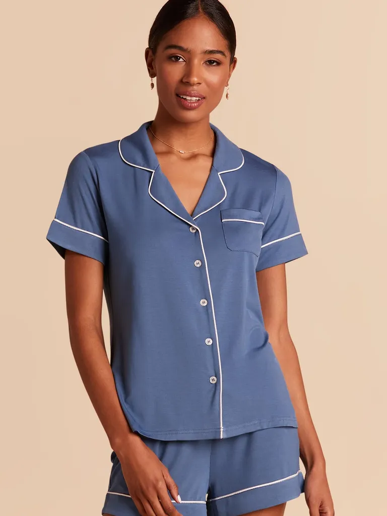 Blue pajama set bridesmaid proposal gift from Birdy Grey