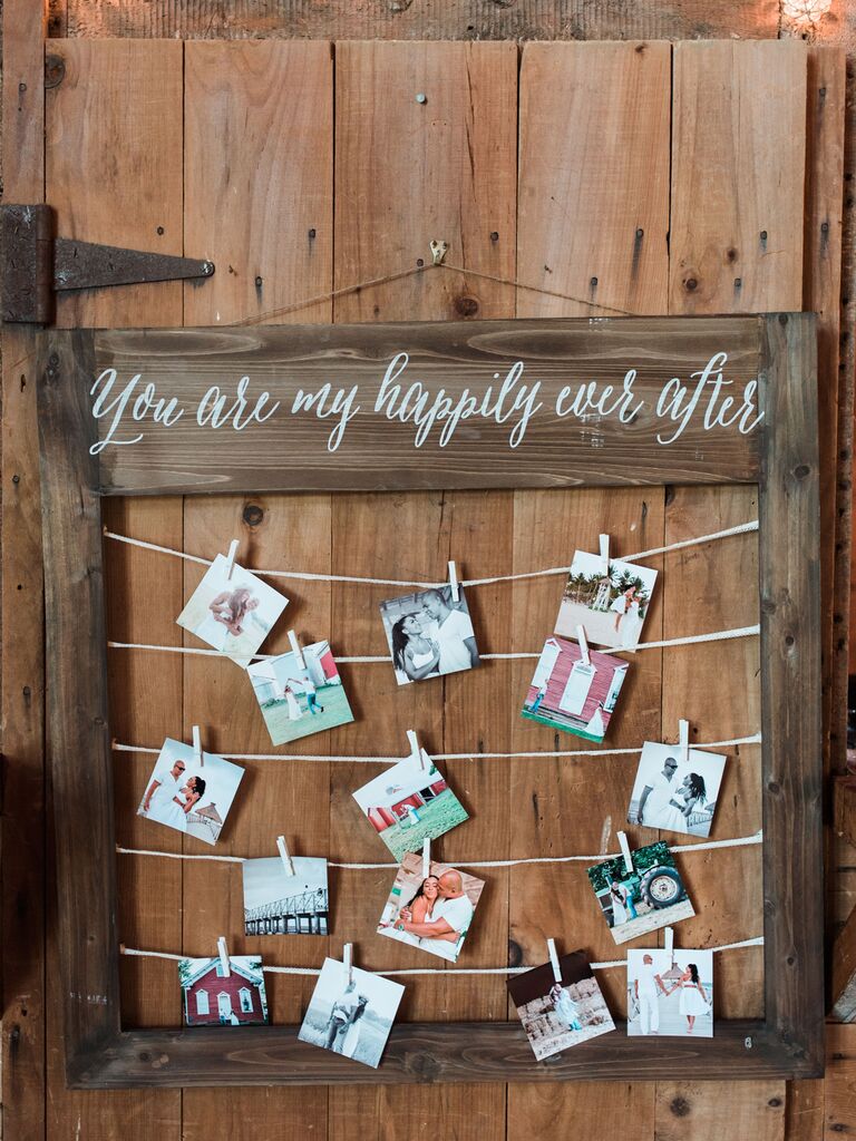 wedding sign quotes wood with white cursive and photos