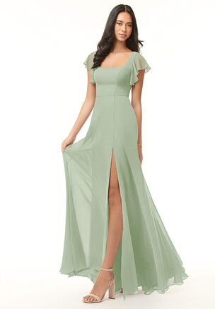 Bondi is our gorgeous bridesmaid dress cut from chiffon. She features a square neckline with flutter sleeves and a self tie scoop back. The look is complete with an A-line skirt paired with a leg slit.