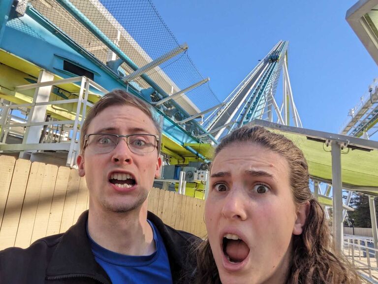 Matt has always loved roller coasters so here we are about to board a roller coaster at Carowinds. (Of course we have very nervous faces)