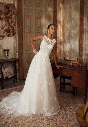 Tulle A-Line Gown with Illusion Sabrina Neckline and Lace Appliqués