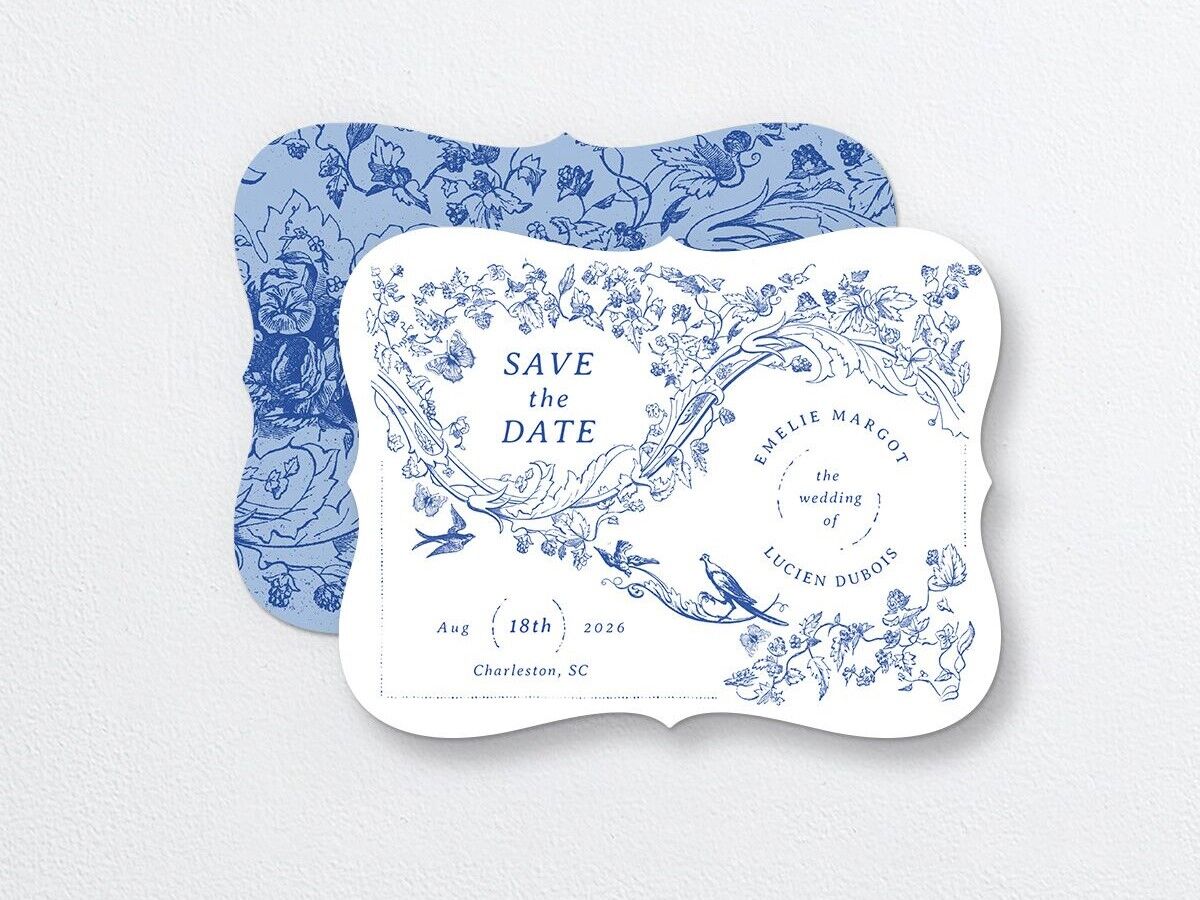 Elegant blue and white save-the-date card