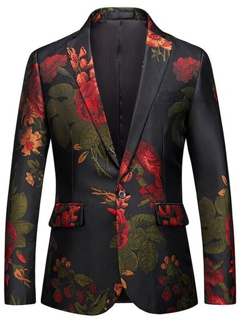 william // david black suit jacket with embroidered orange red and burgundy floral print for what to wear to a halloween wedding