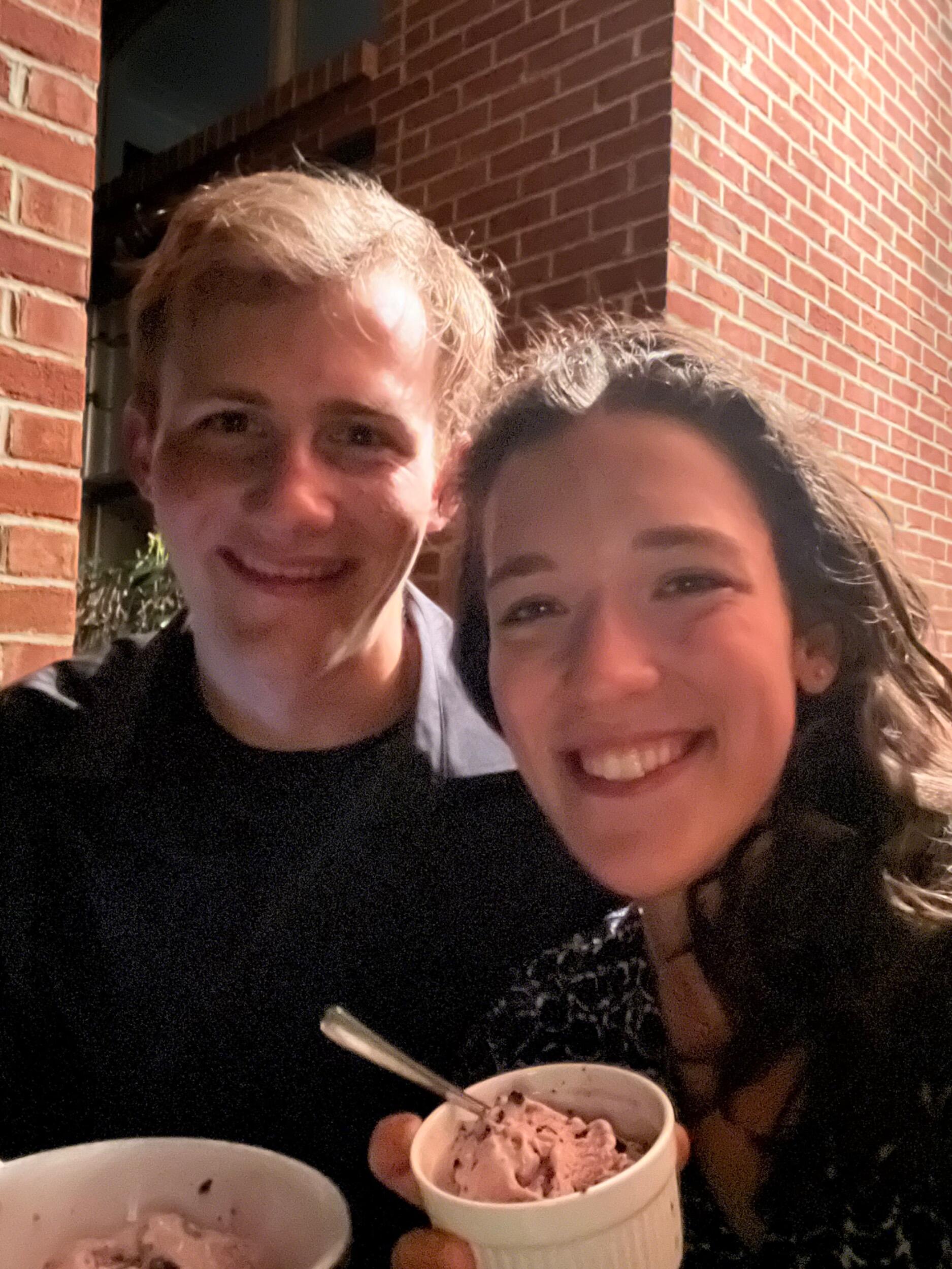 Good summer times—best friends enjoying cherry chocolate ice cream on the front porch!