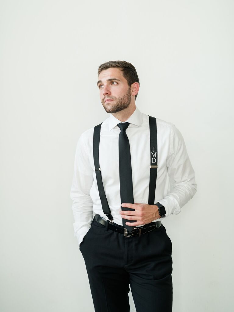 Monogrammed suspenders groomsman gift