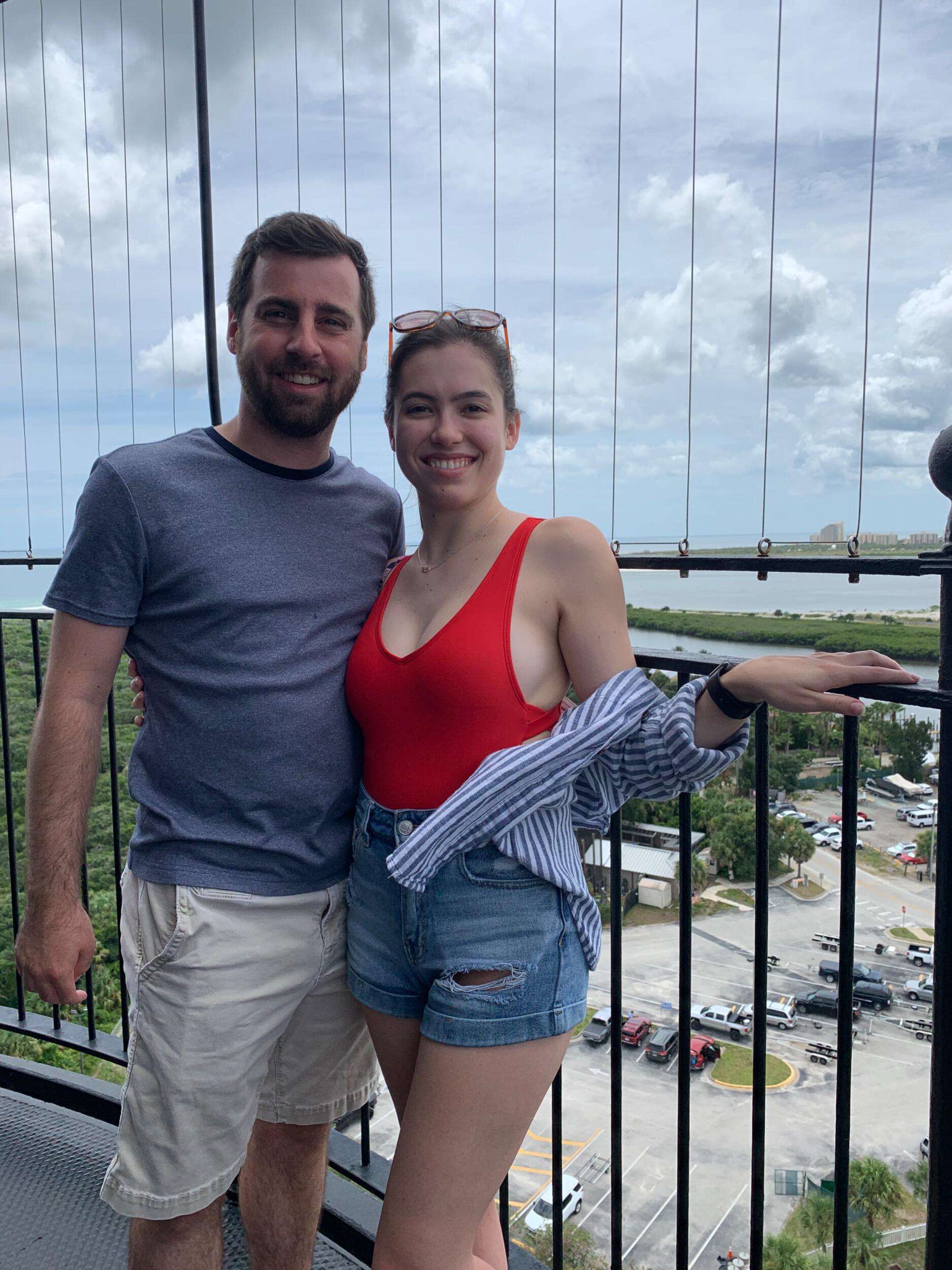 Our first vacation together was at Daytona Beach during lockdown. We took advantage of the labs being closed to take a trip to the beach. In this photo we're at the top of the Ponce Inlet Lighthouse.