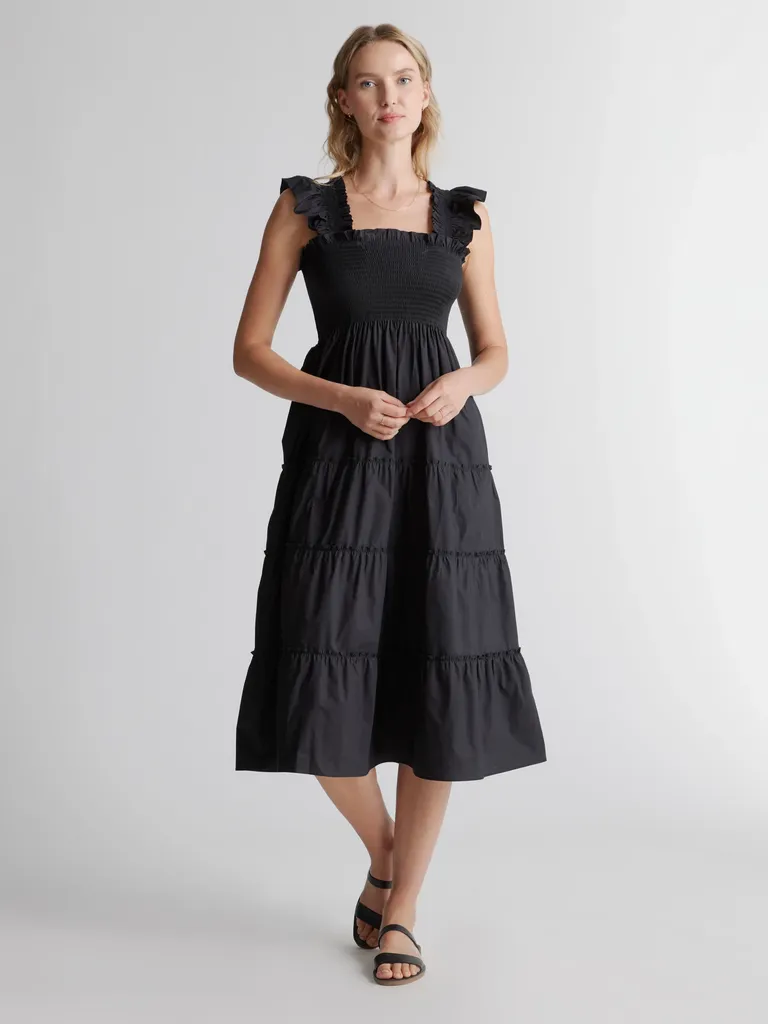 Black smocked midi mommy and me dress for wedding from Quince