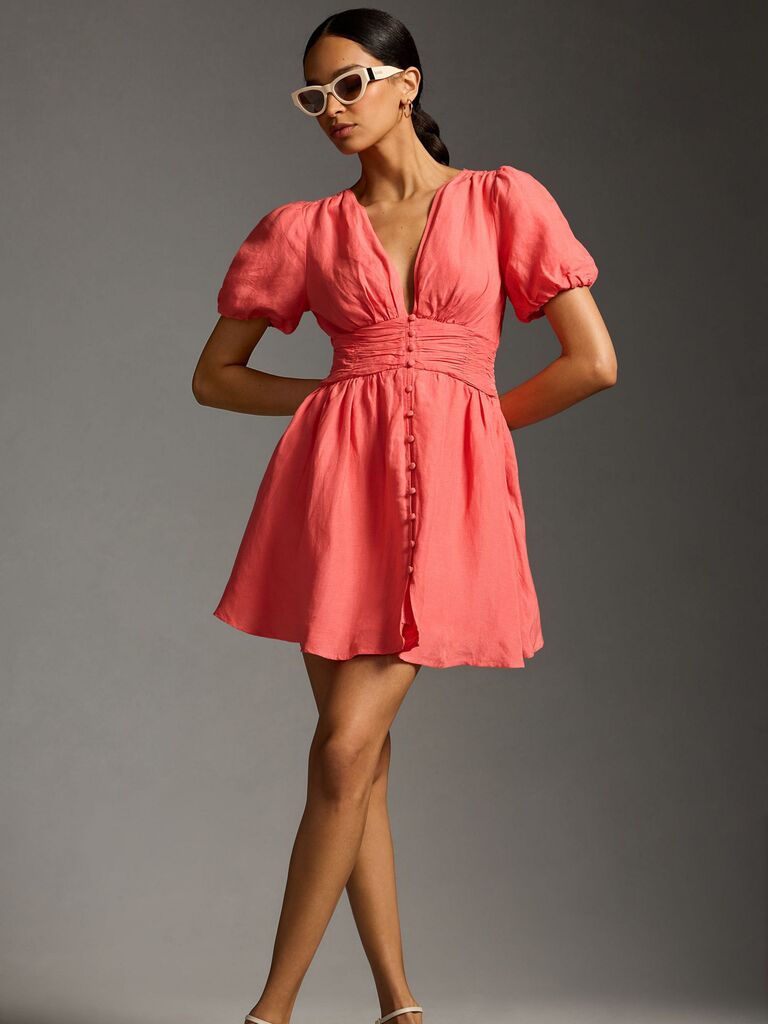 Pink button front mini dress from Anthropologie