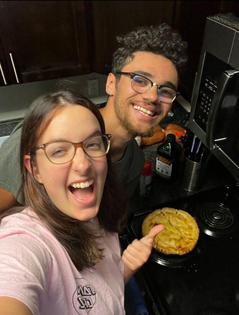 We made a delicious peach pie together!