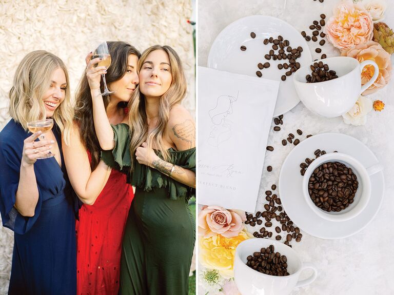 Collage of bride and bridesmaids enjoying bachelorette brunch and coffee mugs filled with espresso beans