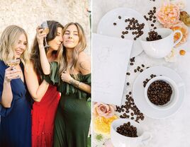 Collage of bride and bridesmaids enjoying bachelorette brunch and coffee mugs filled with espresso beans