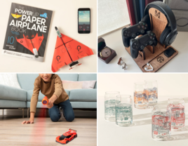 Four gift ideas for stepson including electronic paper plane, gaming stand, race car, and college glasses set