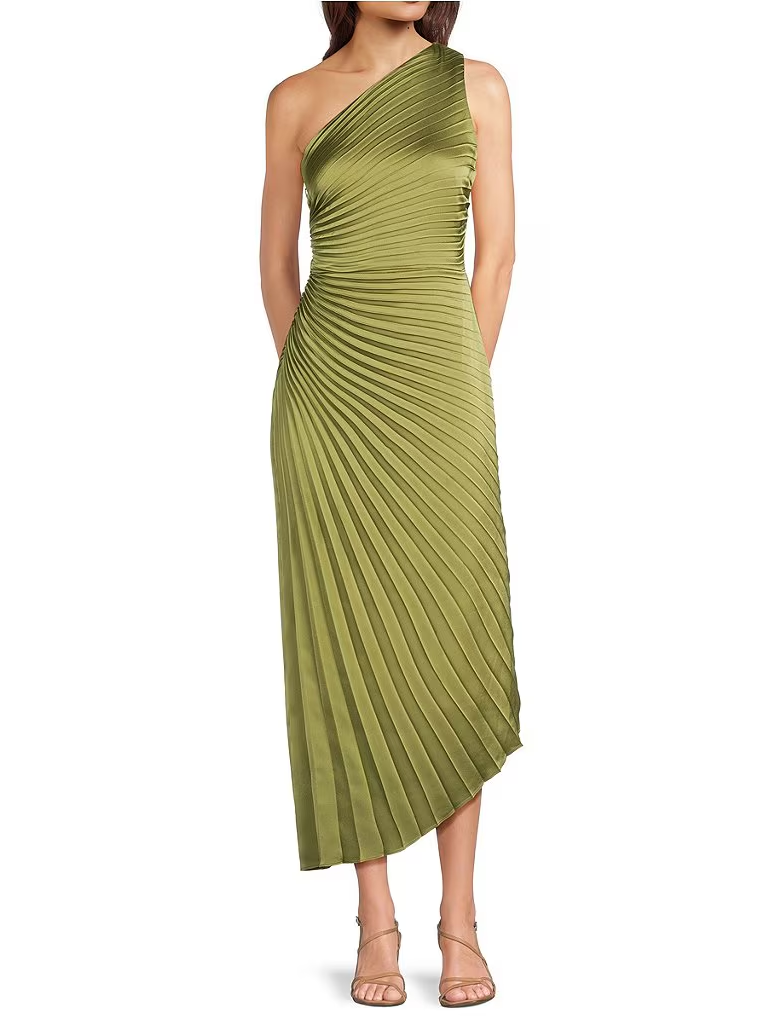Belle by Badgley Mischka green one-shoulder midi rehearsal dinner guest dress