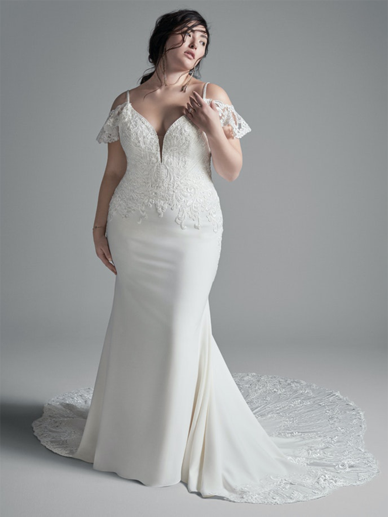 Fit and flare gown with cold shoulder sleeves and beaded bodice