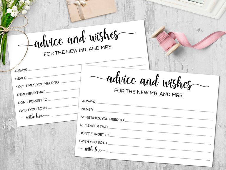 'advice and wishes to the new mr. and mrs' in black calligraphy six prompts