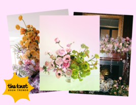 2024 wedding flower trend collage with colorful pink, yellow, orange and green flowers and disco balls