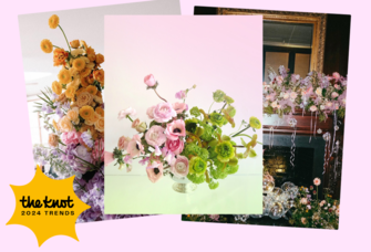 2024 wedding flower trend collage with colorful pink, yellow, orange and green flowers and disco balls
