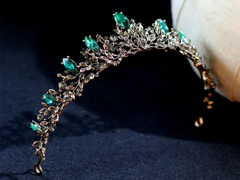 Bronze Baroque style tiara with emerald gemstones