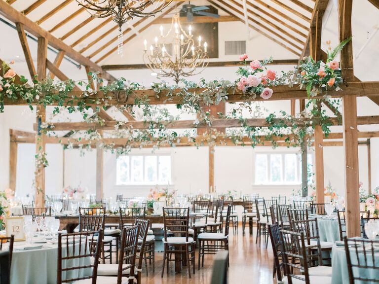 Rustic barn wedding venue with antique chandeliers hanging from ceiling