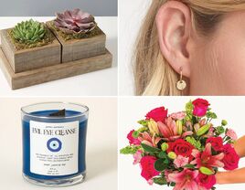 Four 48th anniversary gifts: succulent planter, gold earrings, flower bouquet, and candle