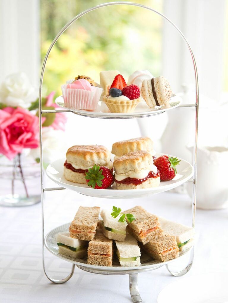 Array of tea-time treats for a bridal shower. 