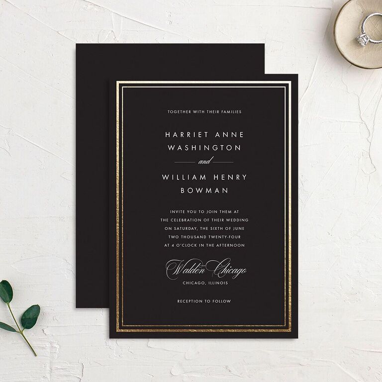 Black wedding invitation with gold foil border