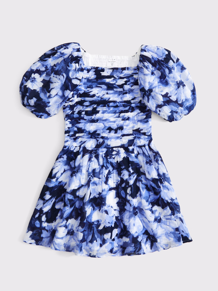 Girls blue floral puff sleeve mommy and me dress for wedding from Abercrombie & Fitch