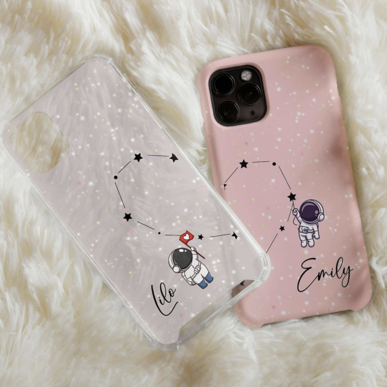 Matching pink and clear couples phone cases with connecting astrology heart 