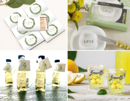 Italian wedding favor ideas including matches, olive dish, olive oil, and shot glasses