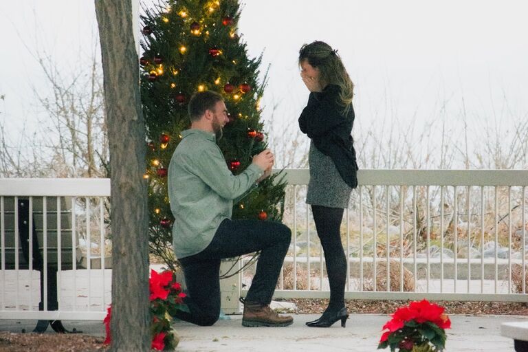 Engagement! Adam surprised Rachel with a Christmas tree set up at a gazebo by Lake St. Clair. She didn't suspect anything until he drove around a barricade blocking the road, she knew he was too much of a rule-follower to do that.  