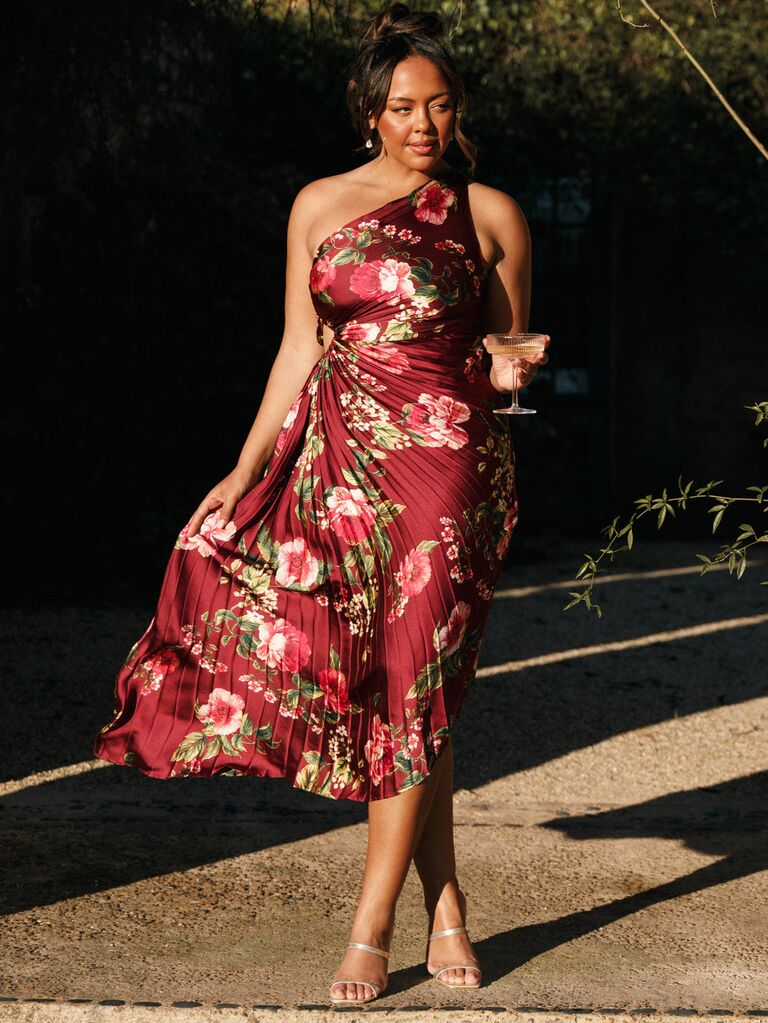 One-shoulder floral cocktail wedding guest dress