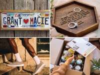 Collage of gifts for him, including custom wall art, a ring dish, running shoes, and craft beer. 