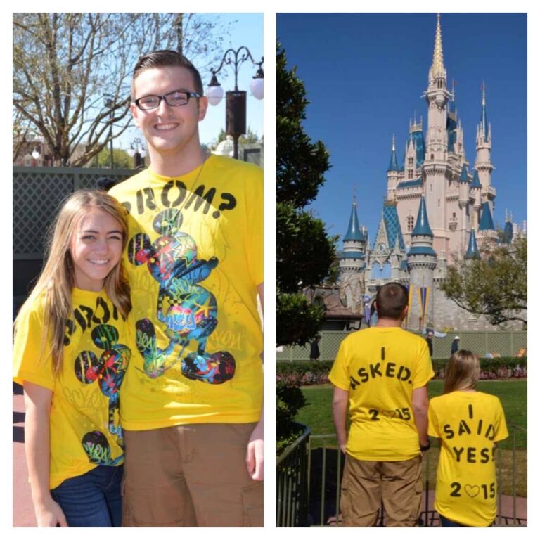 For February break, both Danielle and Alex's families had trips planned to Disney World. On that trip, Alex asked Danielle to Prom in front of the Disney Castle! Alex made these shirts, and as they walked around the Disney parks the rest of the day, everyone kept asking if they were getting married. They got matching Minion t-shirts at Disney and wore them together to the next USY event