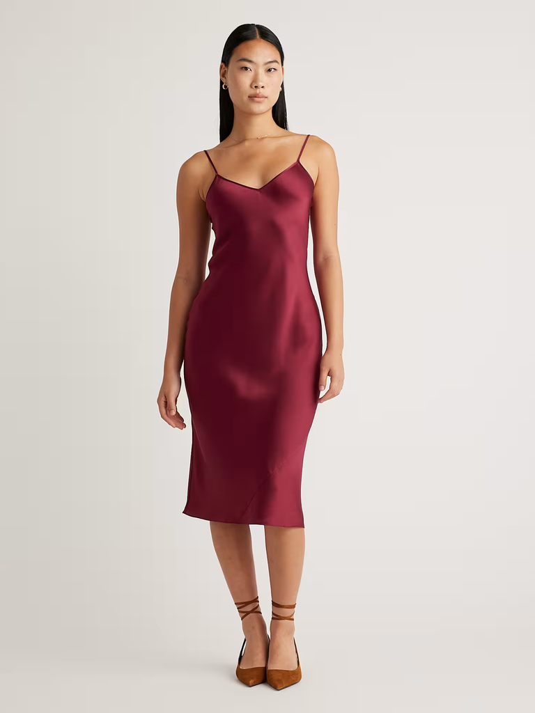 Burgundy silk slip mommy and me dress for wedding from Quince