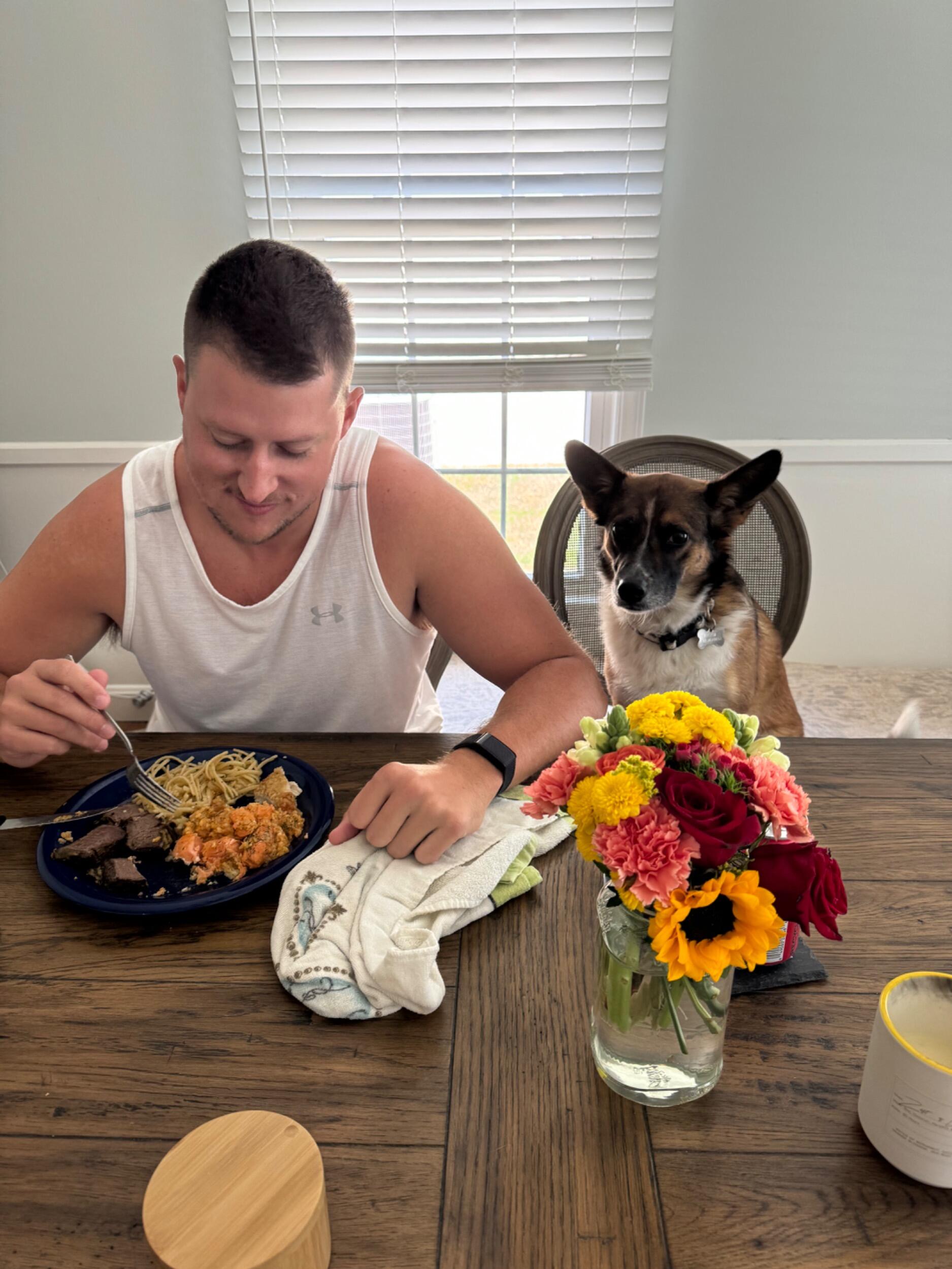 Chase quickly won over the heart of Flossie- here is the two of them celebrating on our 1 year anniversary. 