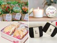 Collage of bridal shower favors, including succulents, a candle, cookies, and personalized makeup bag. 