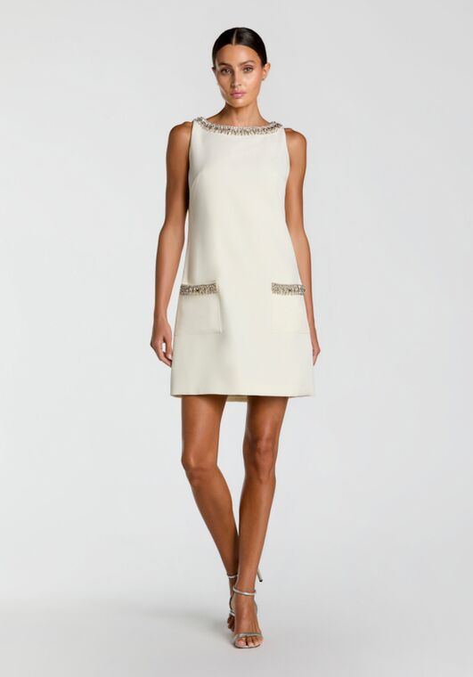Mac Duggal Ivory Sleeveless Shift Mini Dress with Rhinestone Trim Wedding  Dress | The Knot