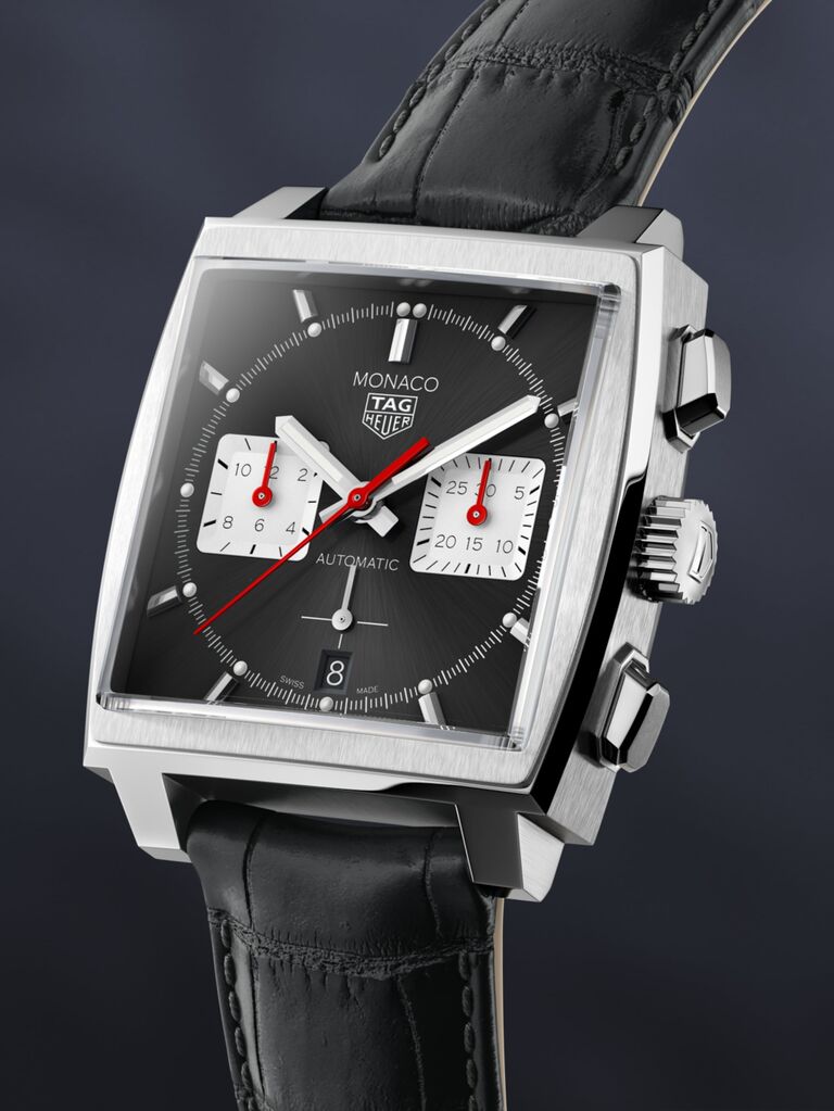 Black square watch for a wedding by Tag Heuer. 