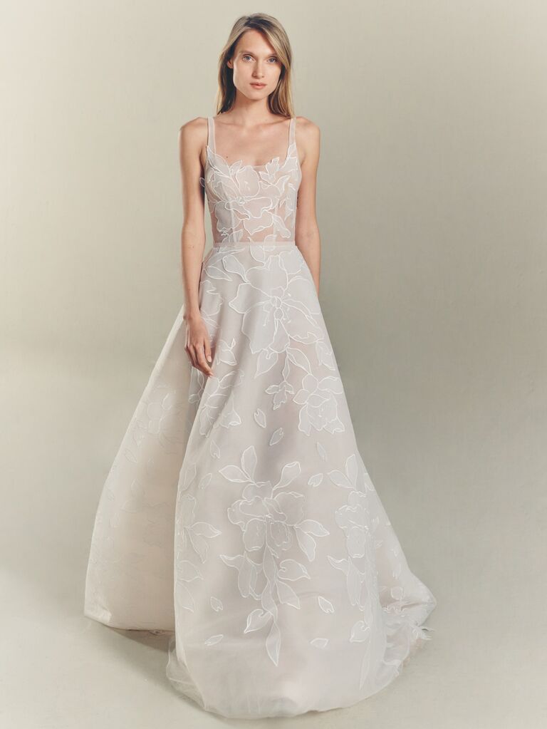 Floral wedding dress by Mira Zwillinger, top floral dresses 2023. 