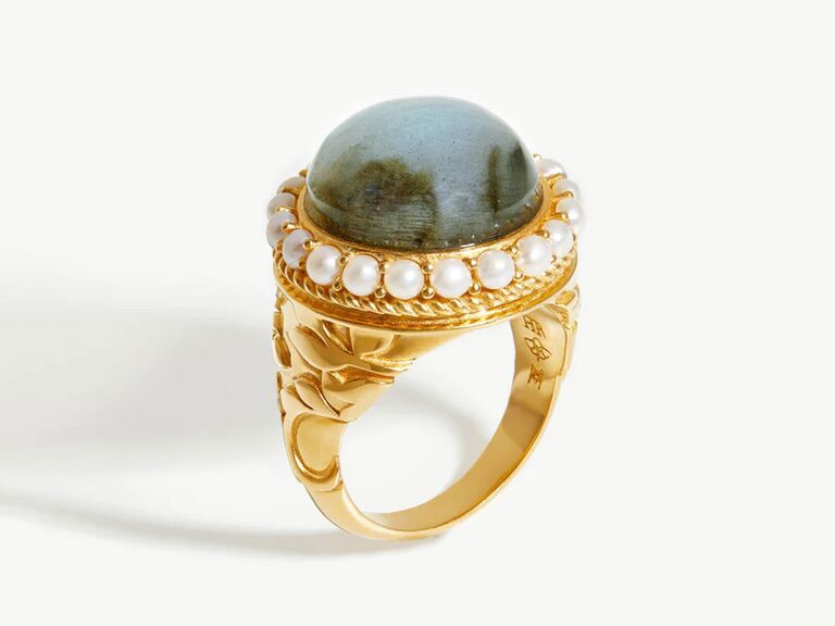 Missoma cocktail ring featuring luminous pearls and labradorite for jewelry gift idea