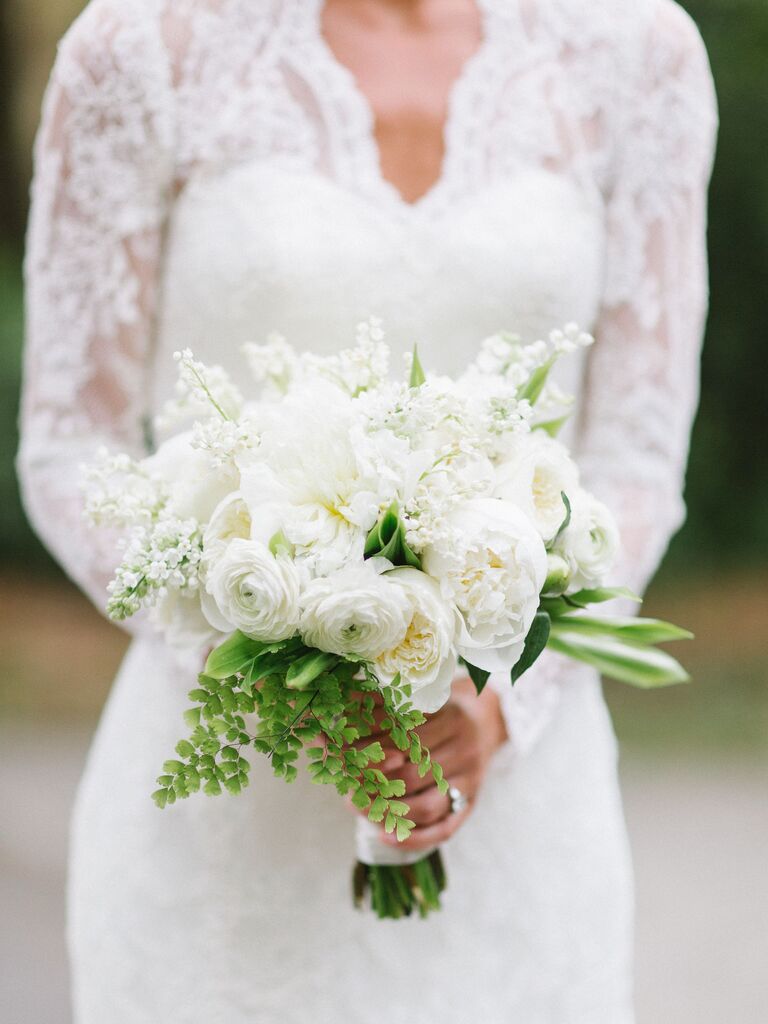 This petite white wedding bouquet is lacy and delicate.