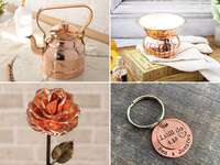 Collage of copper gift ideas for anniversary. 