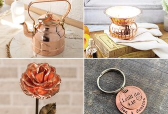 Collage of copper gift ideas for anniversary. 