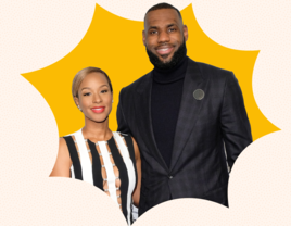 LeBron James and wife Savannah James against yellow background