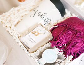Bridesmaid gift box with jewelry, candy, pashmina and personalized travel mug