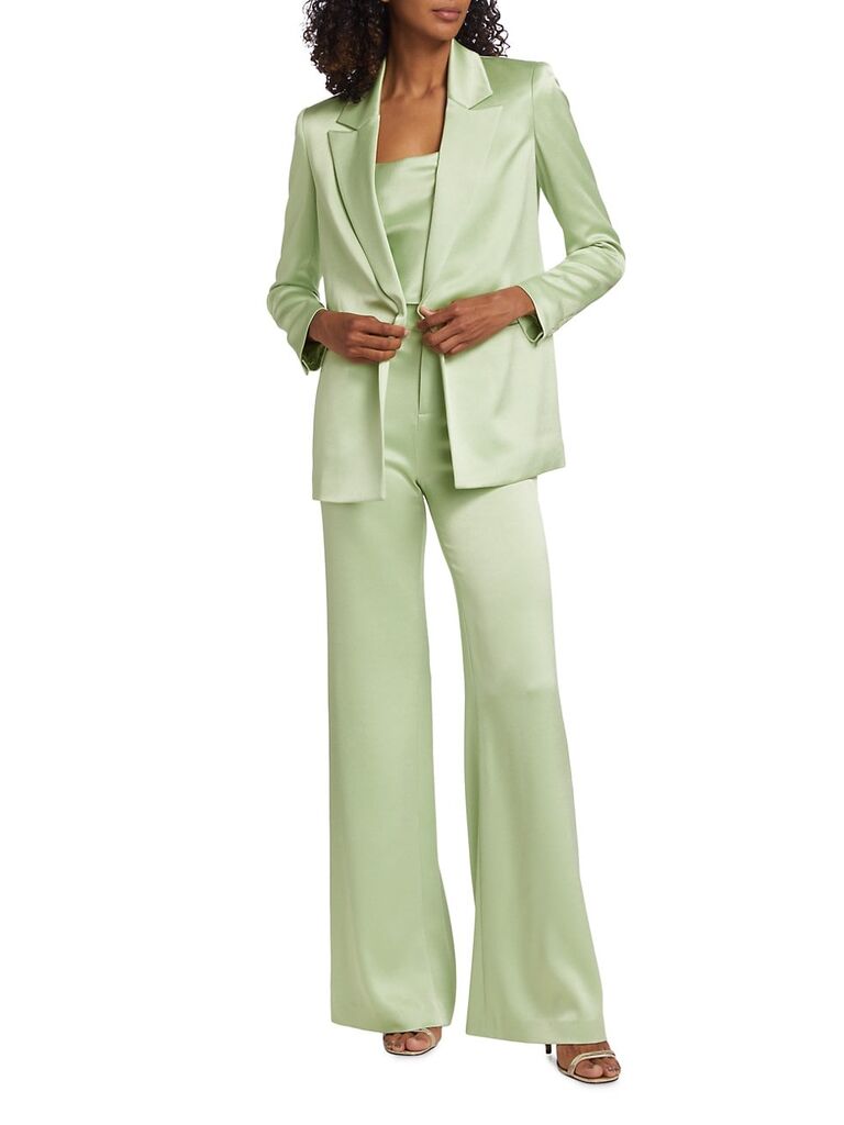 Mint green silk suit by Alice and Olivia. 