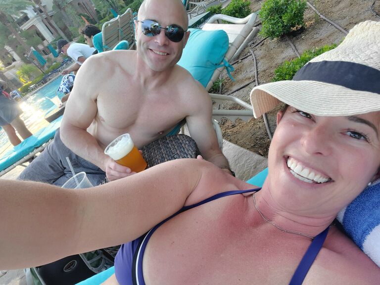 Lounging by the pool during Mason's kicking showcase weekend in Vegas.