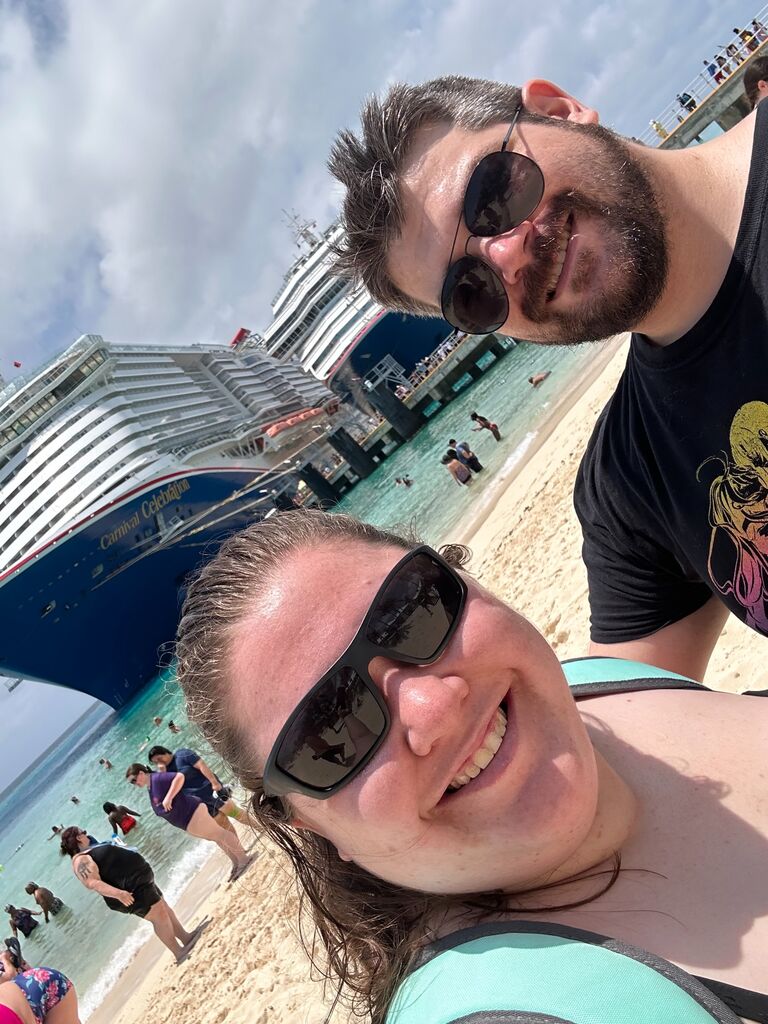 We took a cruise together for the first time and visited some really cool places, this is in Grand Turk, with our ship, the Carnival Celebration behind us. 
