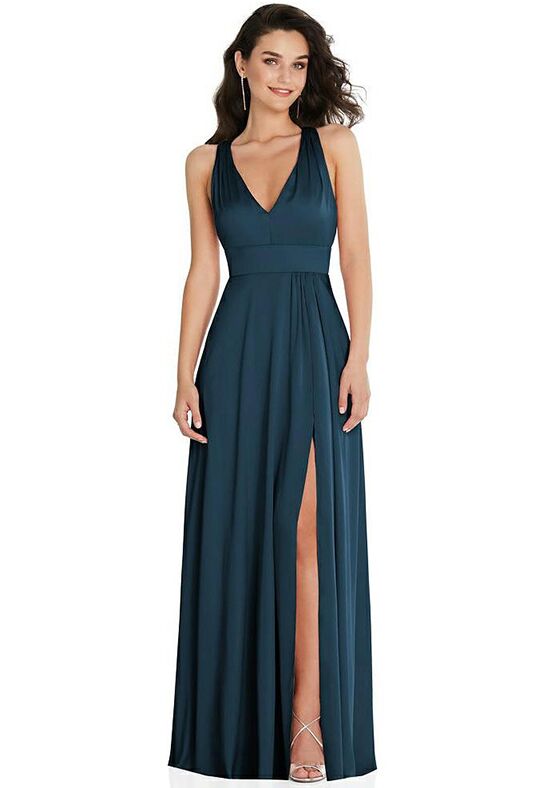 Shirred Deep Plunge Neck Closed Back Chiffon Maxi Dress